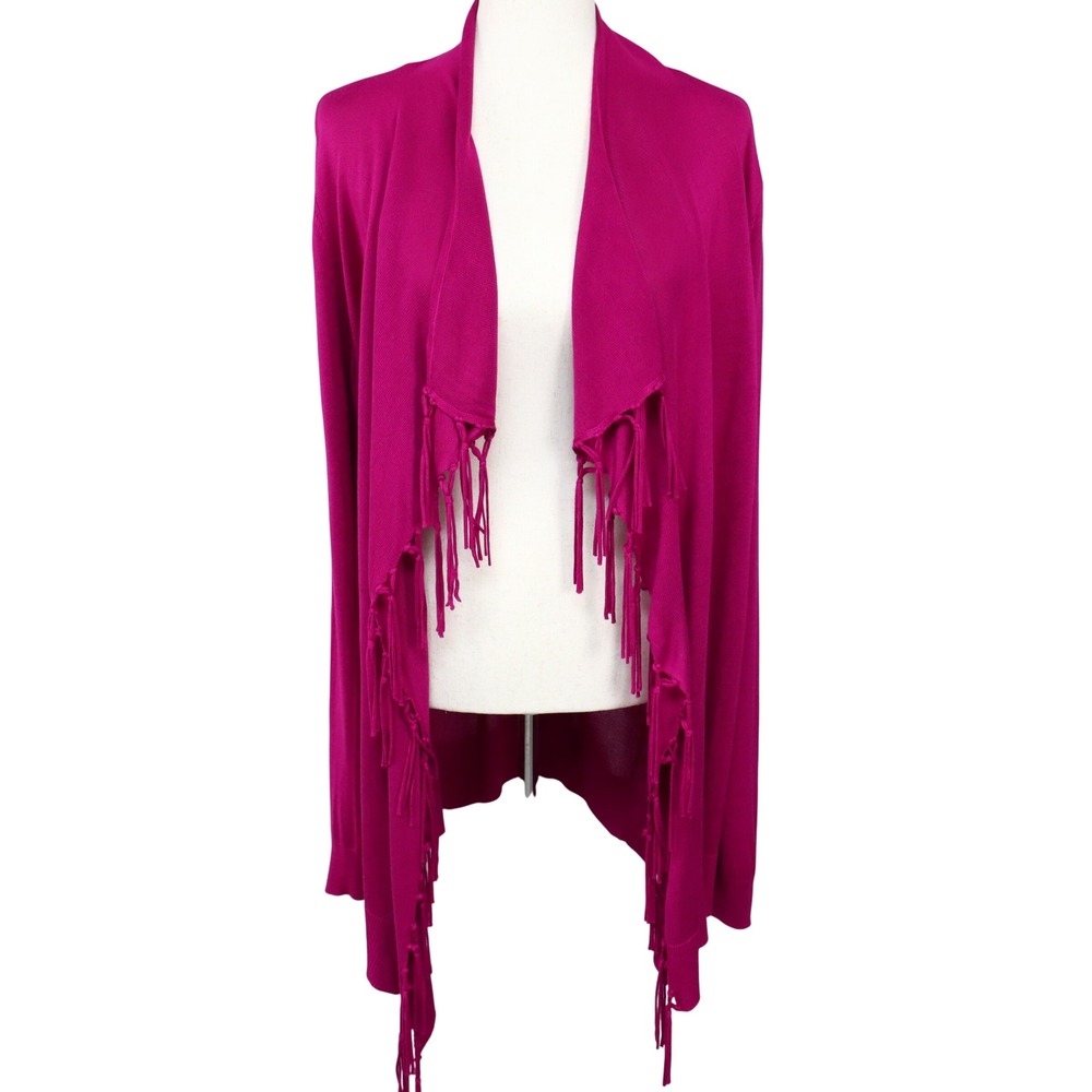 Chicos Tassel Fringe Open Front Cardigan 3(XL) Magenta Waterfall Knit Boho Artsy